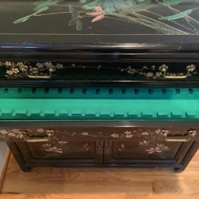 Silver chest Asian inspired 30"H 30"L 14"W 3 drawers, 2 doors with lock