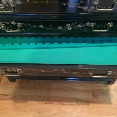Silver chest Asian inspired 30"H 30"L 14"W 3 drawers, 2 doors with lock