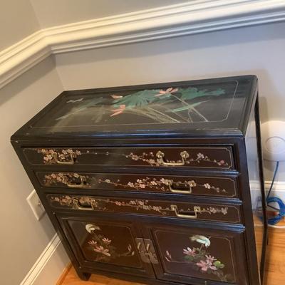 Silver chest Asian inspired 30"H 30"L 14"W 3 drawers, 2 doors with lock