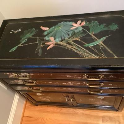 Silver chest Asian inspired 30"H 30"L 14"W 3 drawers, 2 doors with lock