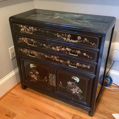 Silver chest Asian inspired 30"H 30"L 14"W 3 drawers, 2 doors with lock