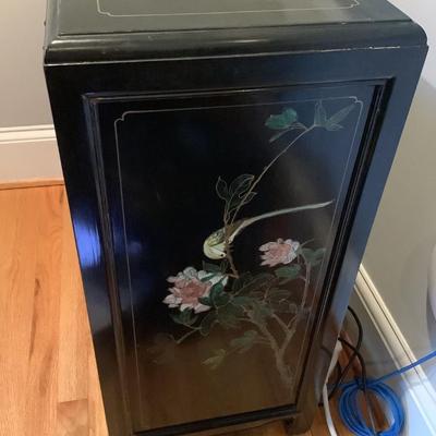 Silver chest Asian inspired 30"H 30"L 14"W 3 drawers, 2 doors with lock