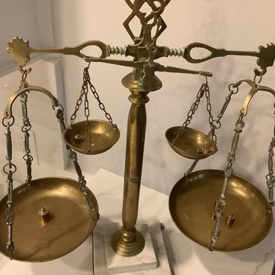 Brass scale with weights and marble base 22"H 20"L 8"W