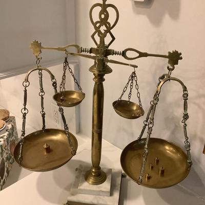Brass scale with weights and marble base 22"H 20"L 8"W