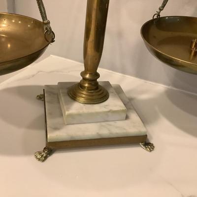 Brass scale with weights and marble base 22"H 20"L 8"W