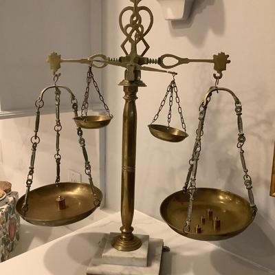 Brass scale with weights and marble base 22"H 20"L 8"W