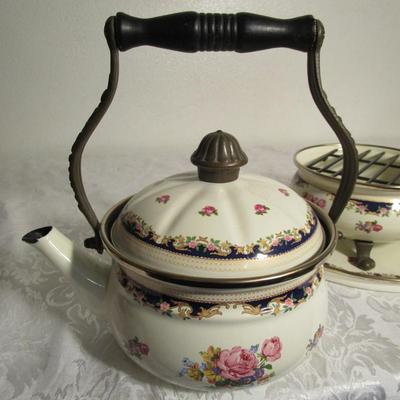 Vintage Asta enamelware teapot, warmer & serving tray