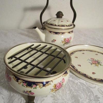 Vintage Asta enamelware teapot, warmer & serving tray