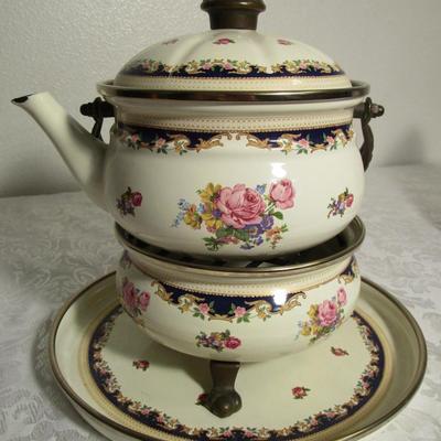 Vintage Asta enamelware teapot, warmer & serving tray
