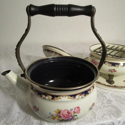 Vintage Asta enamelware teapot, warmer & serving tray