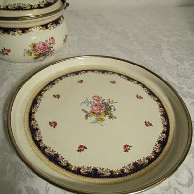 Vintage Asta enamelware teapot, warmer & serving tray