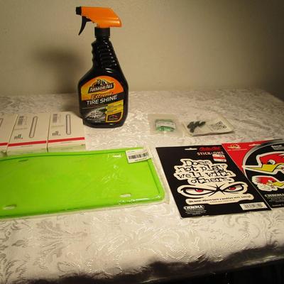 Armorall tire shine, license plate frame, window decals, valve caps (2 pkg), 3 pkg of 4 door edge protectors(all clear)