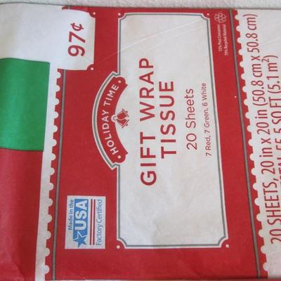 19 folded Christmas gift wrap sheets, 1 pkg Christmas tissue paper, 2 white gift boxes
