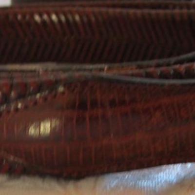 3 leather belts, one is Bill Blass alligator pattern size 42, one Leather woven belt size 42,  one brown leather belt with elk buckle...