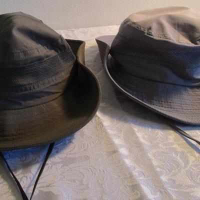 2 canvas and mesh hats, 1 khaki green, 1 gray, adjustable size