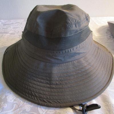 2 canvas and mesh hats, 1 khaki green, 1 gray, adjustable size