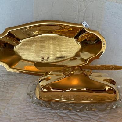 Gold electro plated tray and butter dish