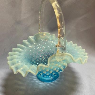 Fenton blue hobnail ruffled edge glass basket