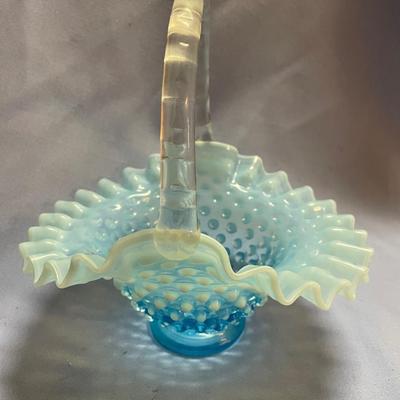 Fenton blue hobnail ruffled edge glass basket