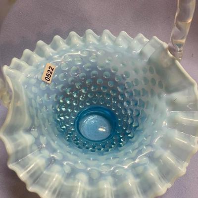 Fenton blue hobnail ruffled edge glass basket