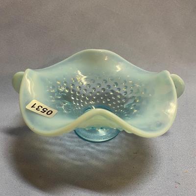 Fenton hobnail glass opalescent dish with double handles