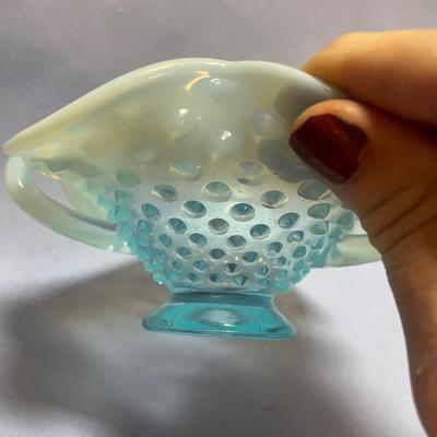 Fenton hobnail glass opalescent dish with double handles