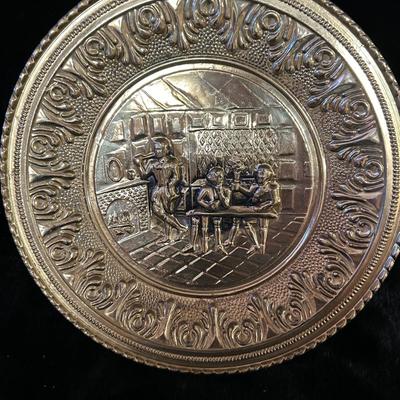 Vintage brass wall plate “an old world pub scene” 12 in diameter