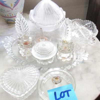 Lot 10-Vintage Glass perfume Bottles, Small Glass Bowls and Tray