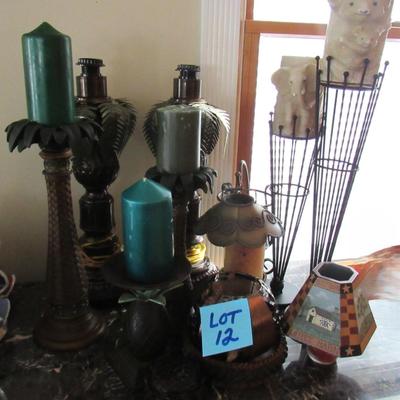 Lot 12- Two Palm Tree Lamps, Palm Tree Candle Holders and other candle holders