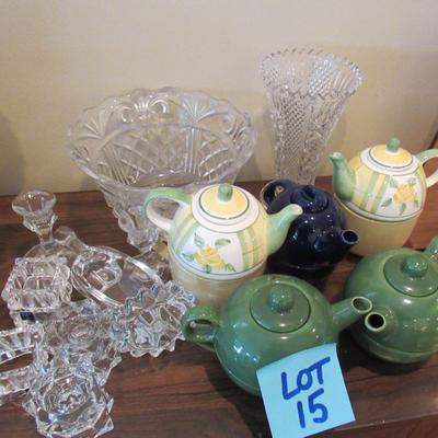 Lot 15-Ceramic Teapots, Crystal glass and Vases