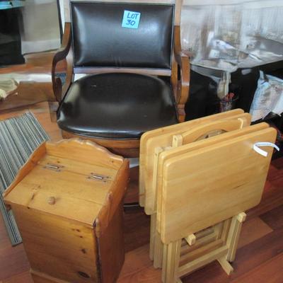 Lot 30-Highback Bar Stool, Wood Folding Dinner Trays W/Stand and wood vegetable /fruit box