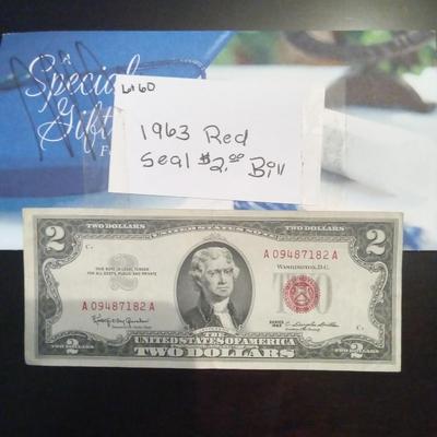 1963 red seal $2.00 bill
