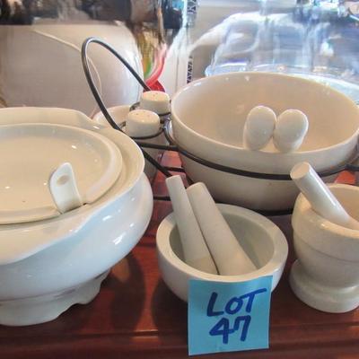 Lot 47-Ceramic Salad Bowl Set W/ S&P Shakers Oil & Vinegar Glass etc.