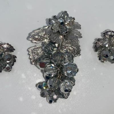Vintage Winter Leaf/Ice Crystals Costume Jewelry Pin/Earring Set