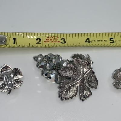 Vintage Winter Leaf/Ice Crystals Costume Jewelry Pin/Earring Set