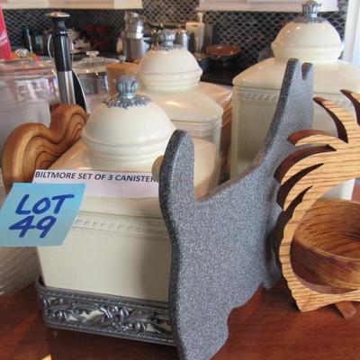 Lot 49-3 Large Biltmore Canisters, Fish Shape Glass Bowls, Scottie Cutting Board Etc.