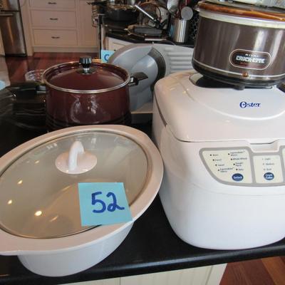 Lot 52-Small Revel Crockpot, Oster Bread Maker, Vintage Crockpot