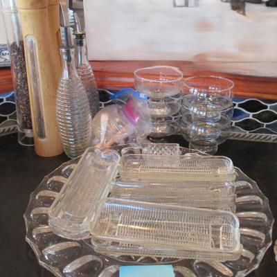 Lot 58-Glass Corn Holders, Glass Ice Cream Bowls, Glass Tray Etc.