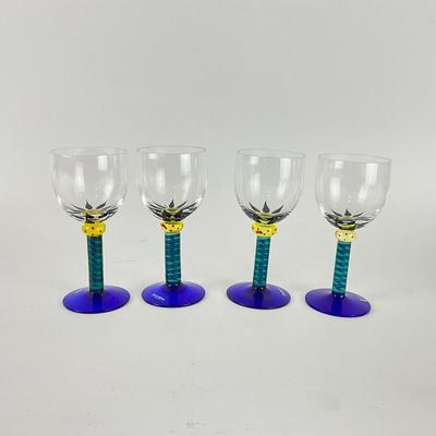 123 Set of Four Kosta Boda Handpainted Palm Tree Wine Glasses