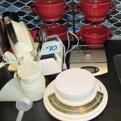 Lot 70-4 Large Soup Bowls W/Stand, Blender, Scales Etc.