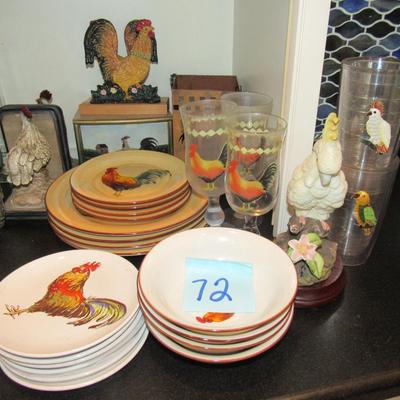 Lot 72-Lot of Chicken Plates, Chicken Glasses, Chicken Napkin Holder, Chicken Wine Glasses & More