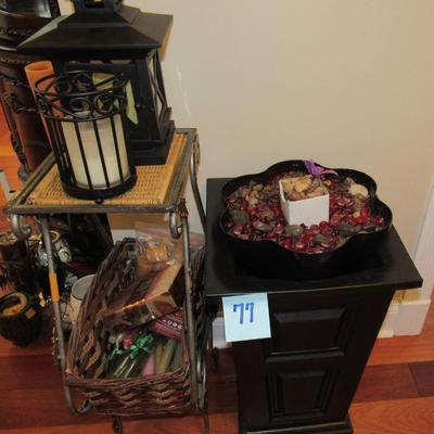 Lot 77-2 Decorative Stands one W/Tray of Colorful rocks, Candle Holders Etc.