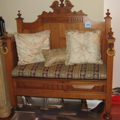 Sale Photo Thumbnail #109: Lot 108-Highback Three Seat Wood Chair W/Pillows