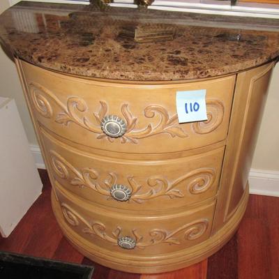 Lot 110-Marble Top English Carved Wood Circular Dresser/Stand