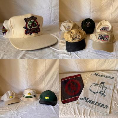 Collection of US Open, Masters, and Other Golf and Baseball Hats and Towels (PBC-DZ)