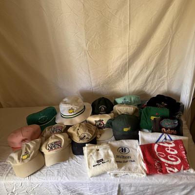 Collection of US Open, Masters, and Other Golf and Baseball Hats and Towels (PBC-DZ)