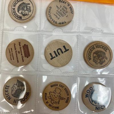 Vintage wooden nickel token collection