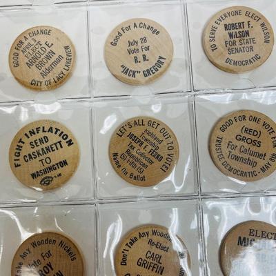 Vintage wooden nickel token collection