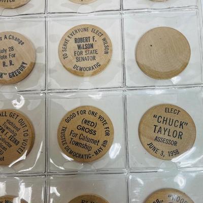 Vintage wooden nickel token collection