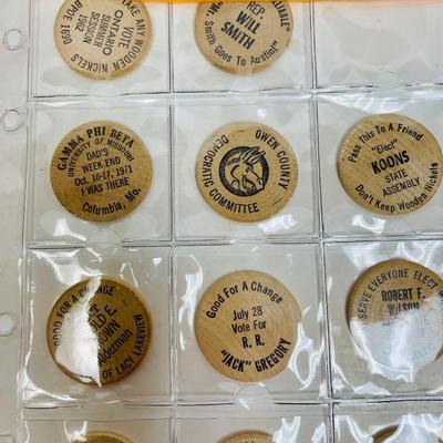 Vintage wooden nickel token collection
